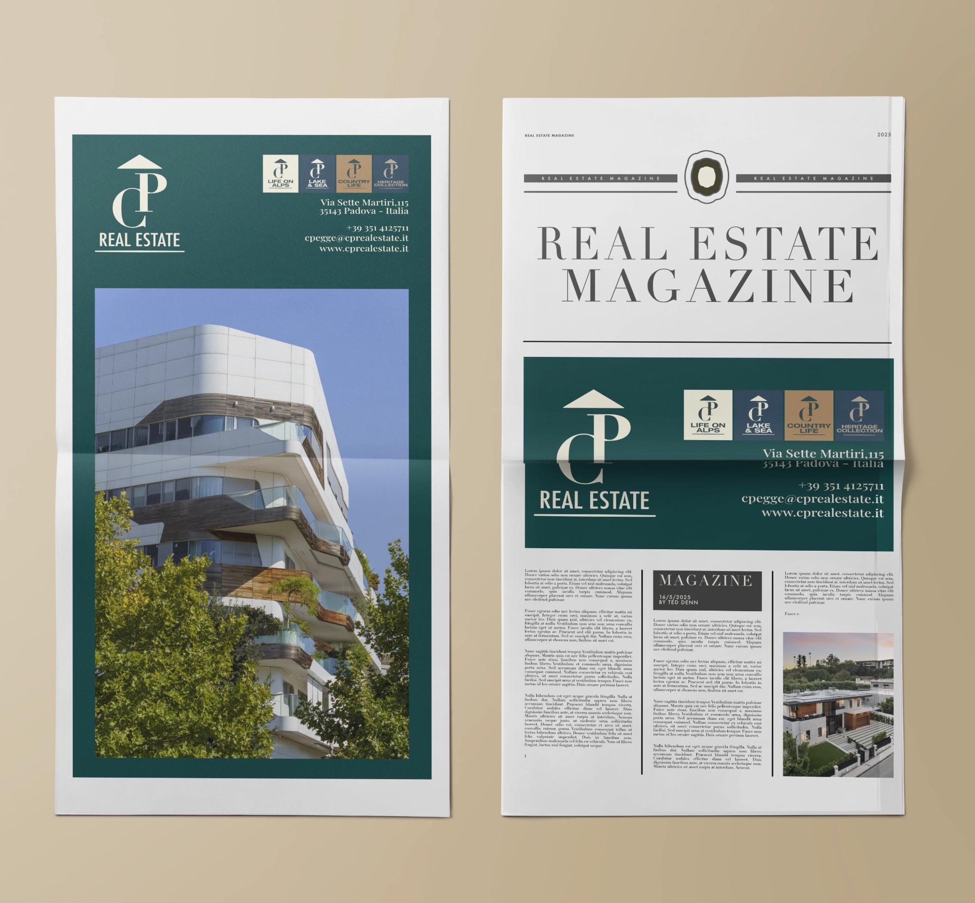 Mockup con copertina e prima pagina di un magazine CP real estate