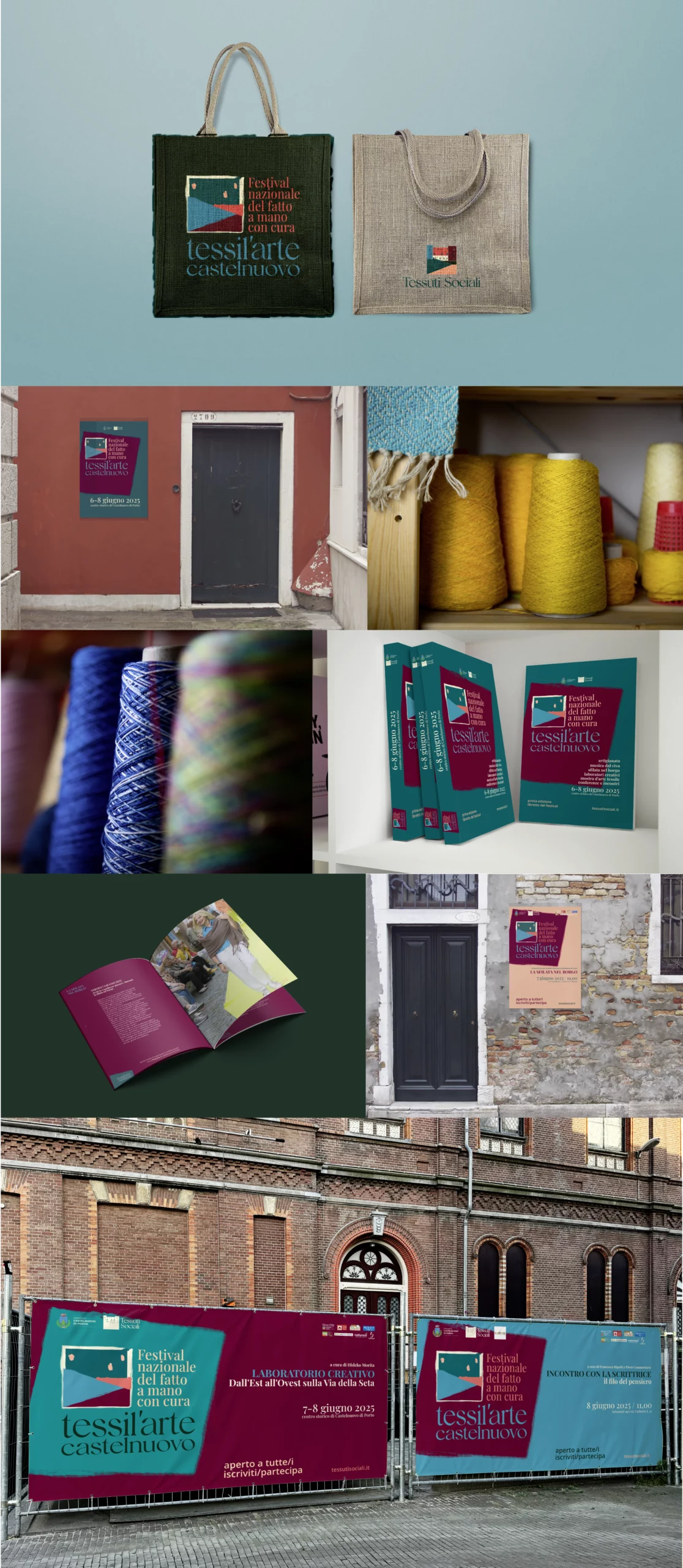 Collage di immagini dell'evento Tessil'Arte, con prodotti, materiale, volantini, book e la fotografia della piazza durante l'evento