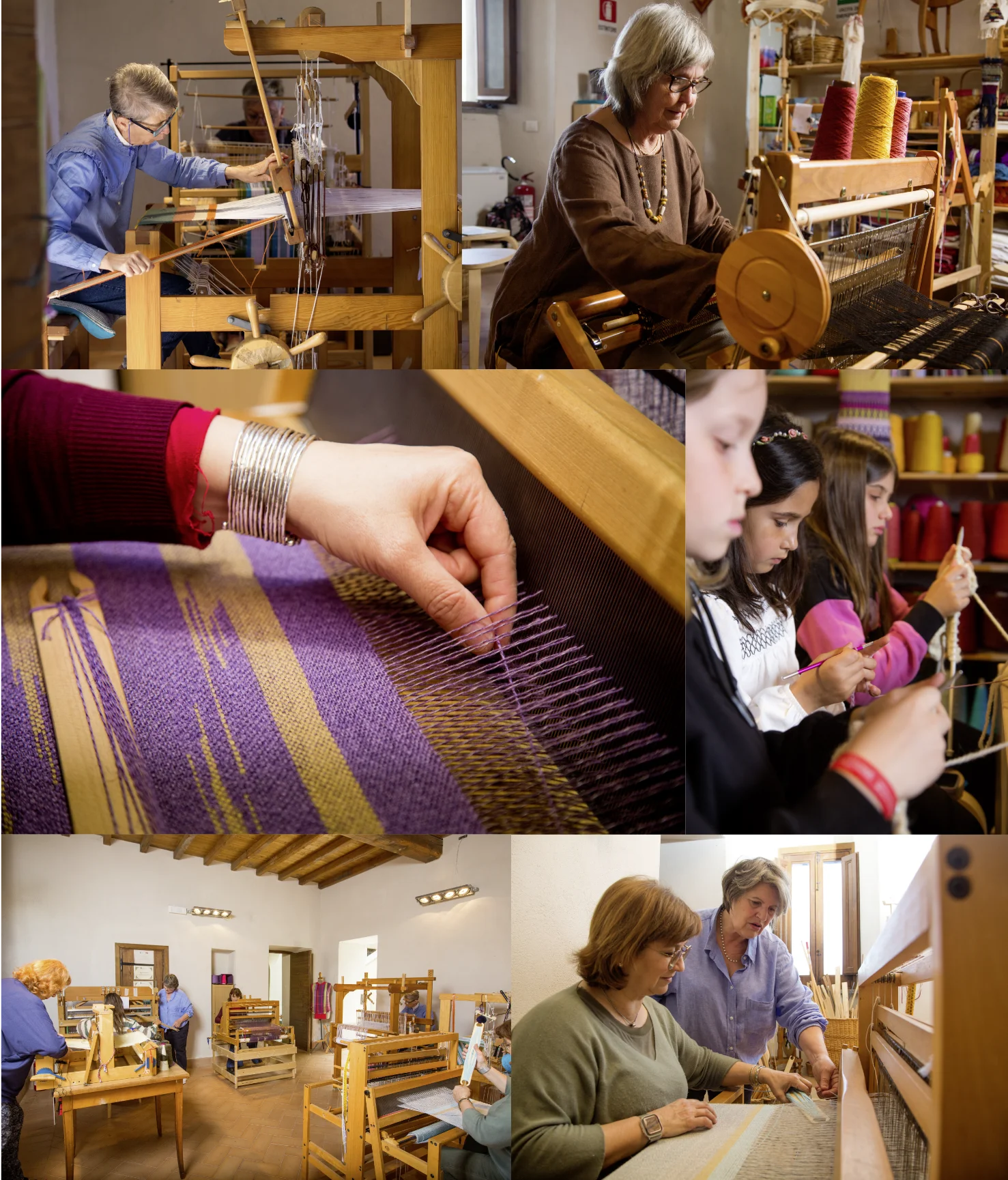 Collage di foto di Tessuti Sociali con uomini donne e bambini che lavorano con telai, macchine da cucire e fusi
